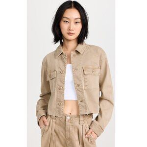 Amo Carly Khaki Low Stretch Denim Jacket with Raw Cropped Hem Sells $325 Medium